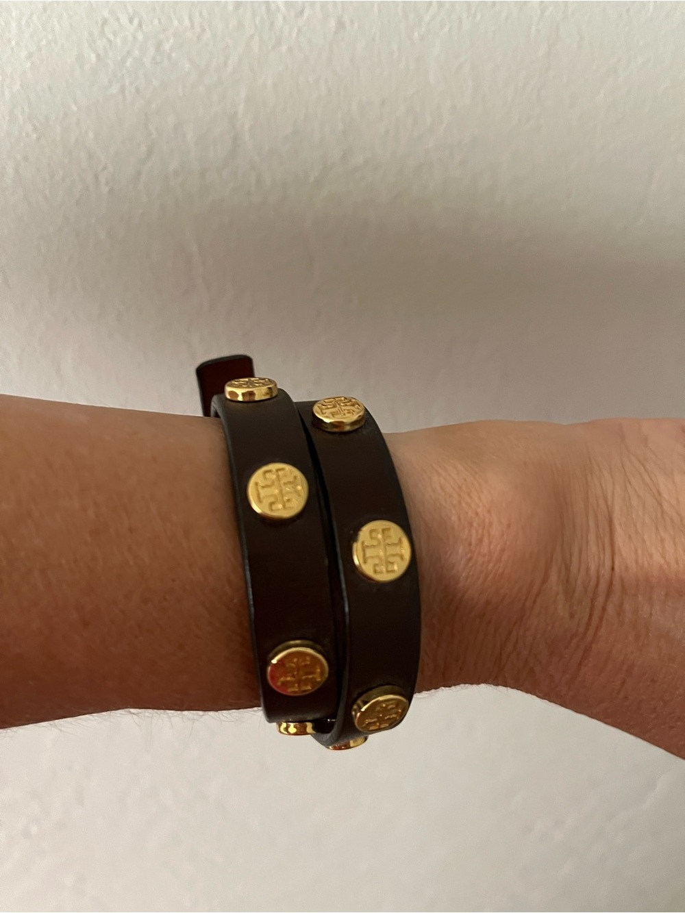 Tory Burch Logo Stud Brown Double Wrap Bracelet